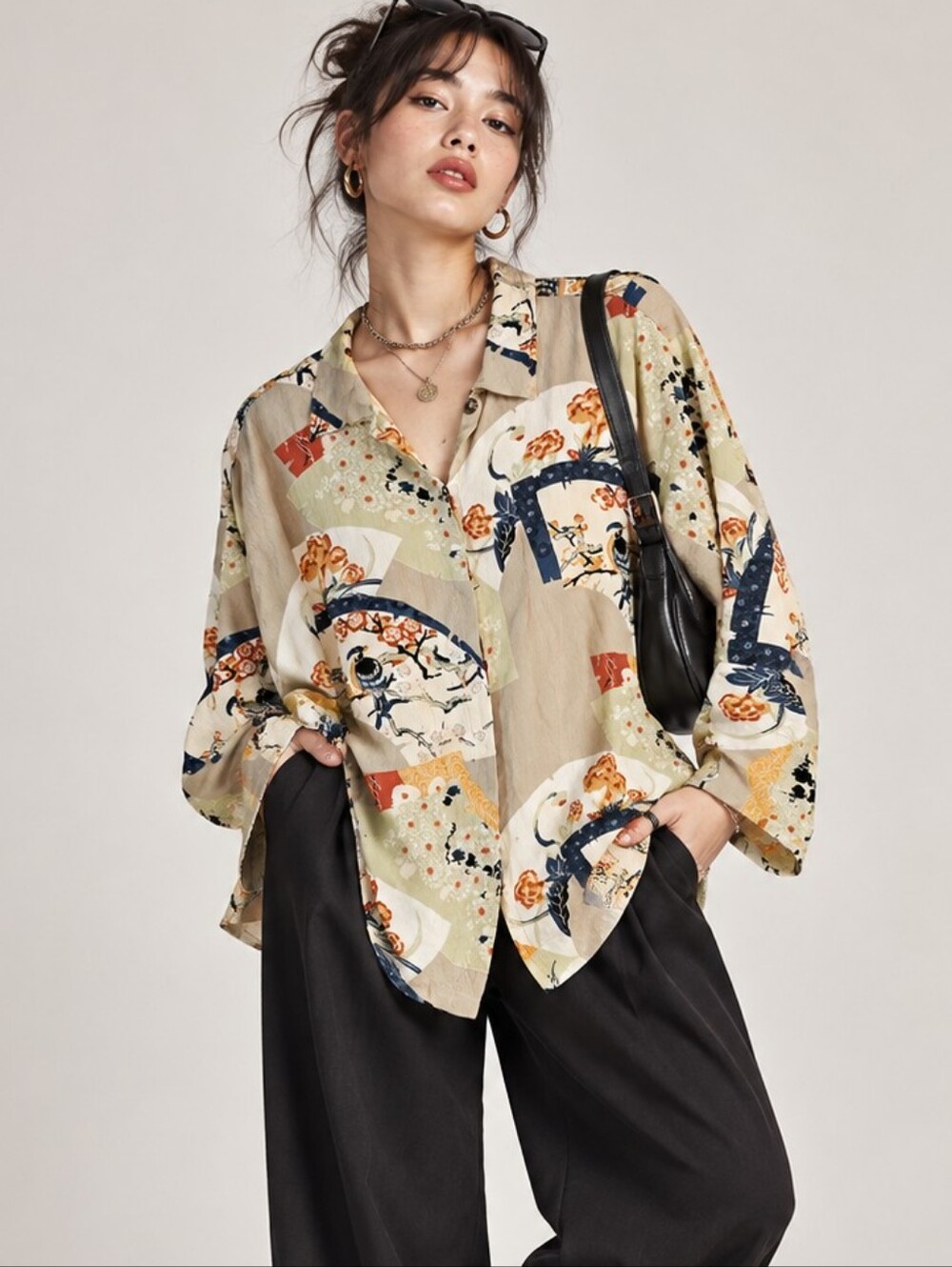 Vintage Citron Santa Monica Bird Print Blouse Size L Oversized Fit Button Up Top